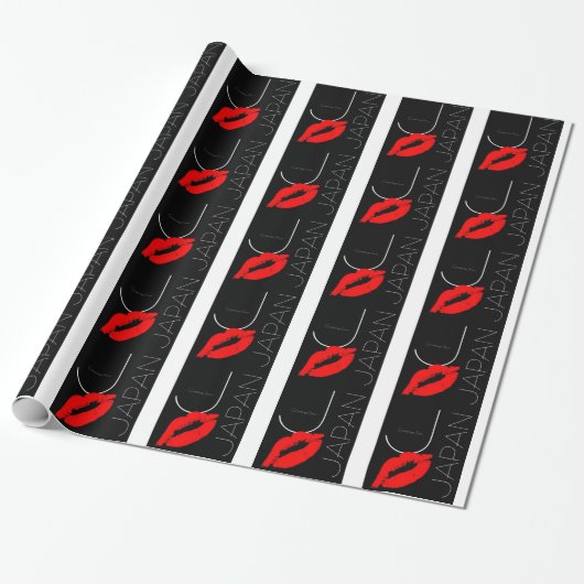 Papier Cadeau Salutations du Japon Rouge Lipstick Kiss noir (Déroulé)