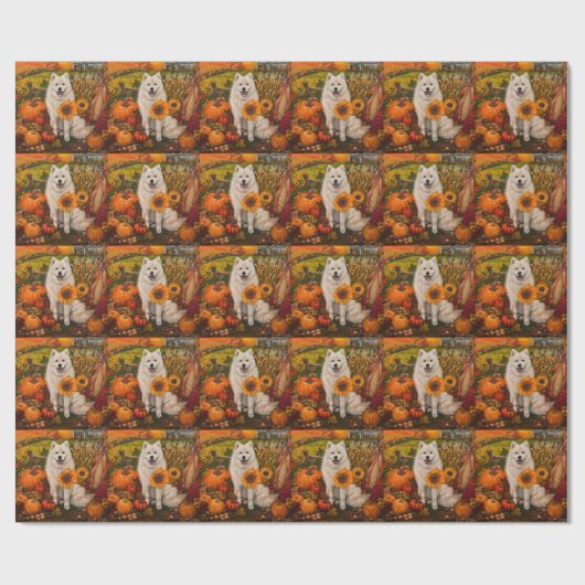 Papier Cadeau Samoyé Chien Moisson Automne Thanksgiving (Plat)