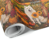 Papier Cadeau Samoyé Chien Moisson Automne Thanksgiving (Coin rond)