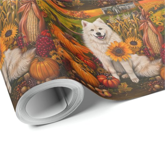 Papier Cadeau Samoyé Chien Moisson Automne Thanksgiving (Coin rond)
