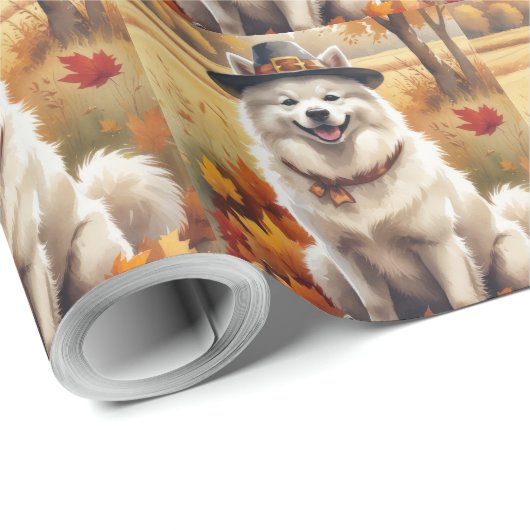Papier Cadeau Samoyé En Automne Feuilles Thanksgiving Art (Coin rond)