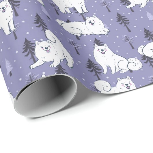 Papier Cadeau Samoyed Chien De Animaux Avec Neige Sur Pine Trees (Coin rond)