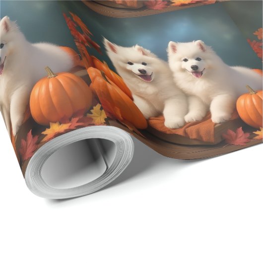 Papier Cadeau Samoyed Chiot Automne Citrouille de plaisir (Coin rond)