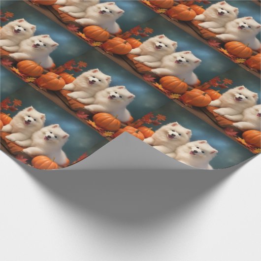 Papier Cadeau Samoyed Chiot Automne Citrouille de plaisir (Coin)