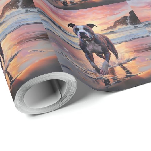 Papier Cadeau Sandy American Staffordshire Dog on Beach Sunset (Coin rond)