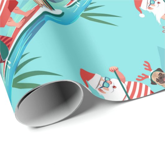Papier Cadeau Santa Claus and His Pug on a surfboard (Coin rond)