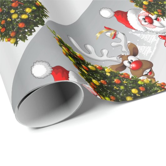 Papier Cadeau Santa claus and reindeer behind a christmas tree.j (Coin rond)