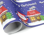 Papier Cadeau Santa Claus cartoon with house and Christmas tree (Coin rond)