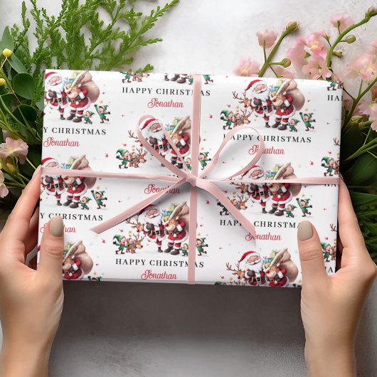 Papier Cadeau Santa Claus Deer Happy Christmas Personalized Name