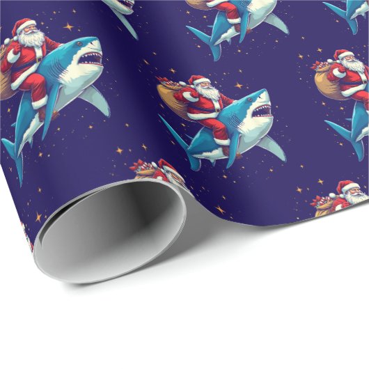 Papier Cadeau Santa Claus équitation requin Noël bleu (Coin rond)