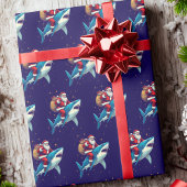 Papier Cadeau Santa Claus équitation requin Noël bleu