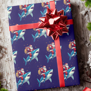 Papier Cadeau Santa Claus équitation requin Noël bleu