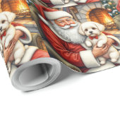 Papier Cadeau Santa Claus Holding Bichon Frise Christmas Art (Coin rond)