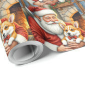 Papier Cadeau Santa Claus Holding Corgi Christmas Art (Coin rond)