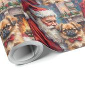 Papier Cadeau Santa Claus Holding Pekingese Christmas Art (Coin rond)