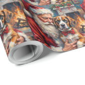 Papier Cadeau Santa Claus Holding Saint Bernard Christmas Art (Coin rond)