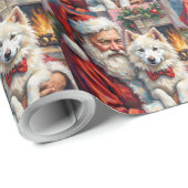 Papier Cadeau Santa Claus Holding Samoyed Christmas Art (Coin rond)