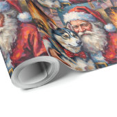Papier Cadeau Santa Claus Holding Siberian Husky Christmas Art (Coin rond)