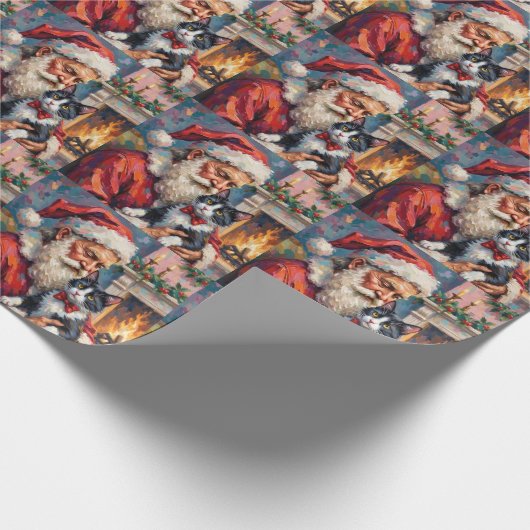 Papier Cadeau Santa Claus Holding Tuxedo Cat Christmas Art (Coin)