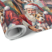 Papier Cadeau Santa Claus Holding Wirefox Terrier Christmas Art (Coin rond)