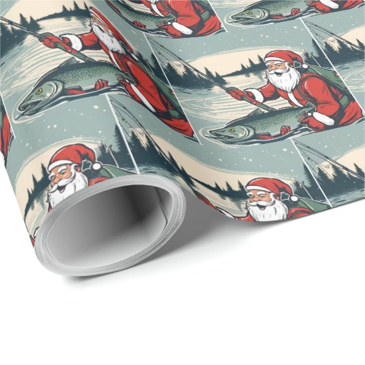 Papier Cadeau Santa Claus Pêche truite Saumon Noël (Coin rond)
