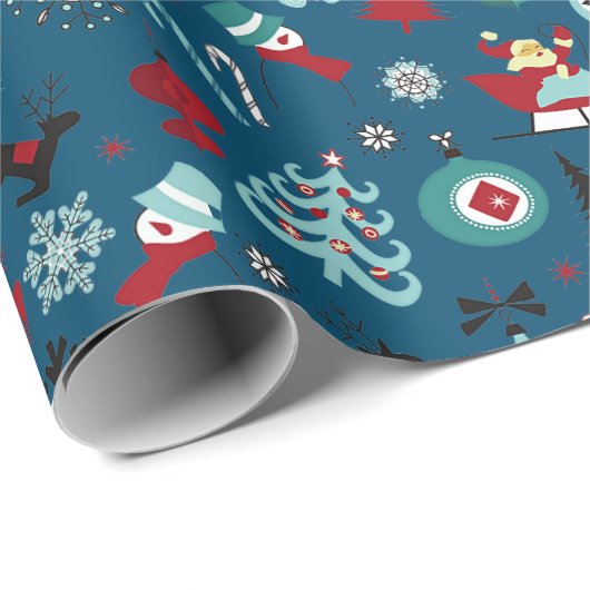 Papier Cadeau Santa Claus Sleigh Reindeer Pine Trees Art Motif (Coin rond)