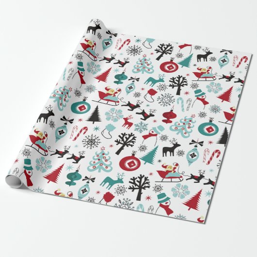 Papier Cadeau Santa Claus Sleigh Reindeer Pine Trees Art Motif (Déroulé)