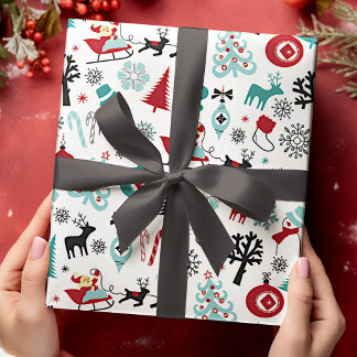 Papier Cadeau Santa Claus Sleigh Reindeer Pine Trees Art Motif