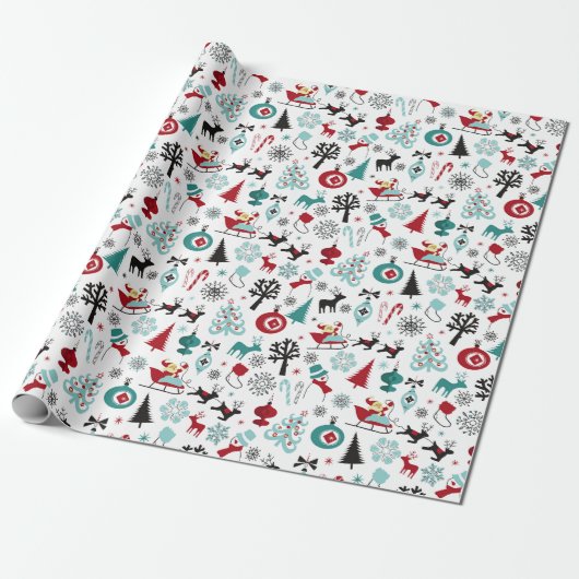 Papier Cadeau Santa Claus Sleigh Reindeer Pine Trees Art Motif (Déroulé)