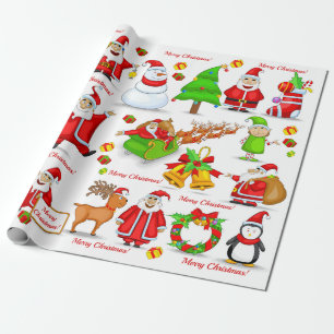 Papier Cadeau Santa Claus Snowman Elves Reindeer Penguin