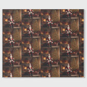 Papier Cadeau Santa Clause avec arbre de Noël et foyer (Plat)