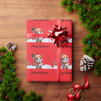 Papier Cadeau Santa & flocons de neige sur un fond rose Noël