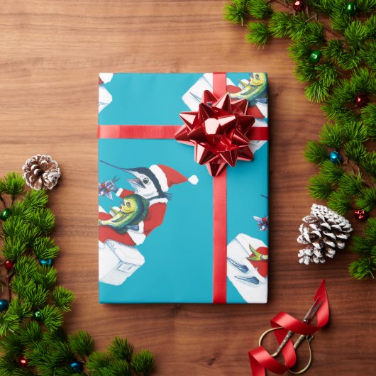Papier Cadeau Santa Marlin sur sarcelle (Cadeau de vacances)