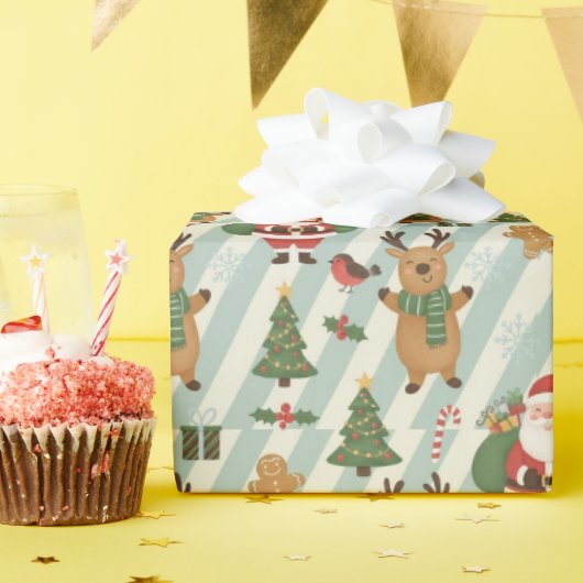 Papier Cadeau Santa & Reindeer Striped Christmas Wrapping Paper (Fête d'anniversaire)