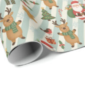 Papier Cadeau Santa & Reindeer Striped Christmas Wrapping Paper (Coin rond)