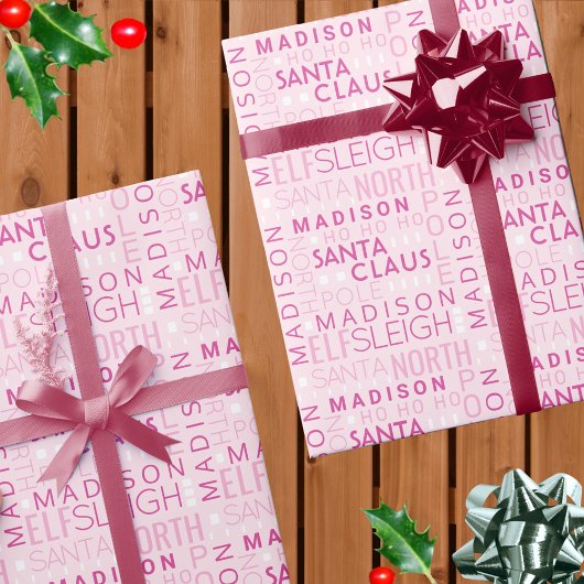 Papier Cadeau Santa Typographie Chic Rose Mignon Ajouter le nom