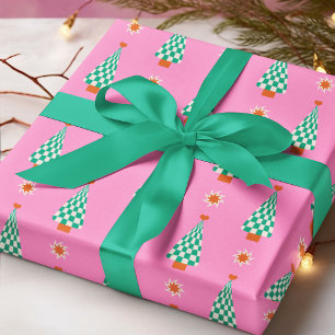 Papier Cadeau Sapin de Noël à carreaux rose et vert Motif rétro
