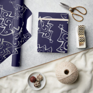 Papier Cadeau Sapin de Noël élégant en faux feuillage bleu et ar