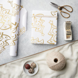 Papier Cadeau Sapin de Noël en Faux Feuille Doré et Blanc Élégan