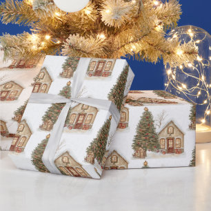 Papier Cadeau Sapin de Noël et chalet d'hiver cosy