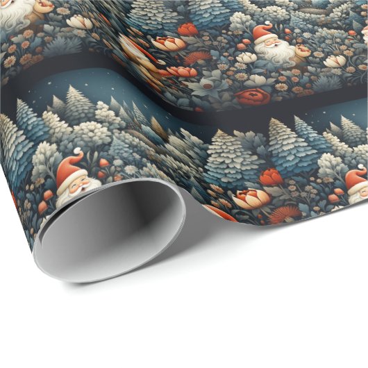 Papier Cadeau Sapin de Noël Forêt Fleurs Rouges (Coin rond)