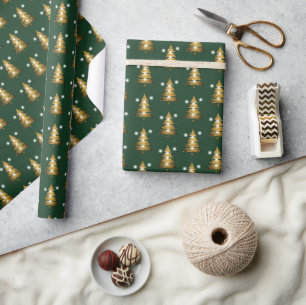 Papier Cadeau Sapin de Noël Moderne Vert Doré 