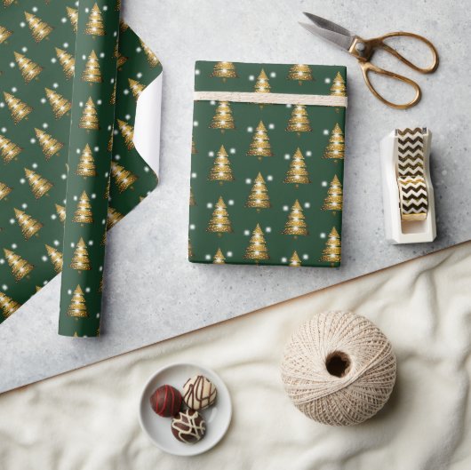 Papier Cadeau Sapin de Noël Moderne Vert Doré  (Artisanat)