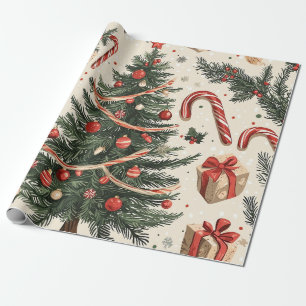 Papier Cadeau Sapin de Noël Vintage Crème Rouge Toile Verte