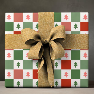 Papier Cadeau Sapins de Noël à carreaux rouges et verts modernes