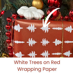 Papier Cadeau Sapins de Noël Blancs sur Rouge