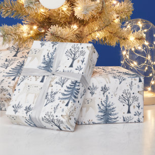 Papier Cadeau Sapins de Noël Bleus Blancs Cerfs