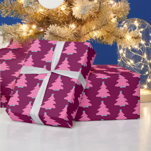 Papier Cadeau Sapins de Noël Contemporains Roses