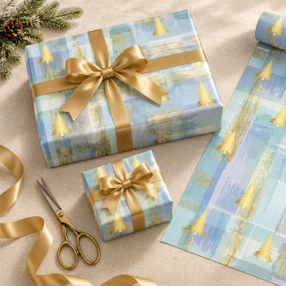 Papier Cadeau Sapins de Noël en Or et Plaid Pastel