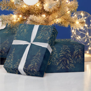Papier Cadeau Sapins de Noël en Or Festif Bleu Minuit